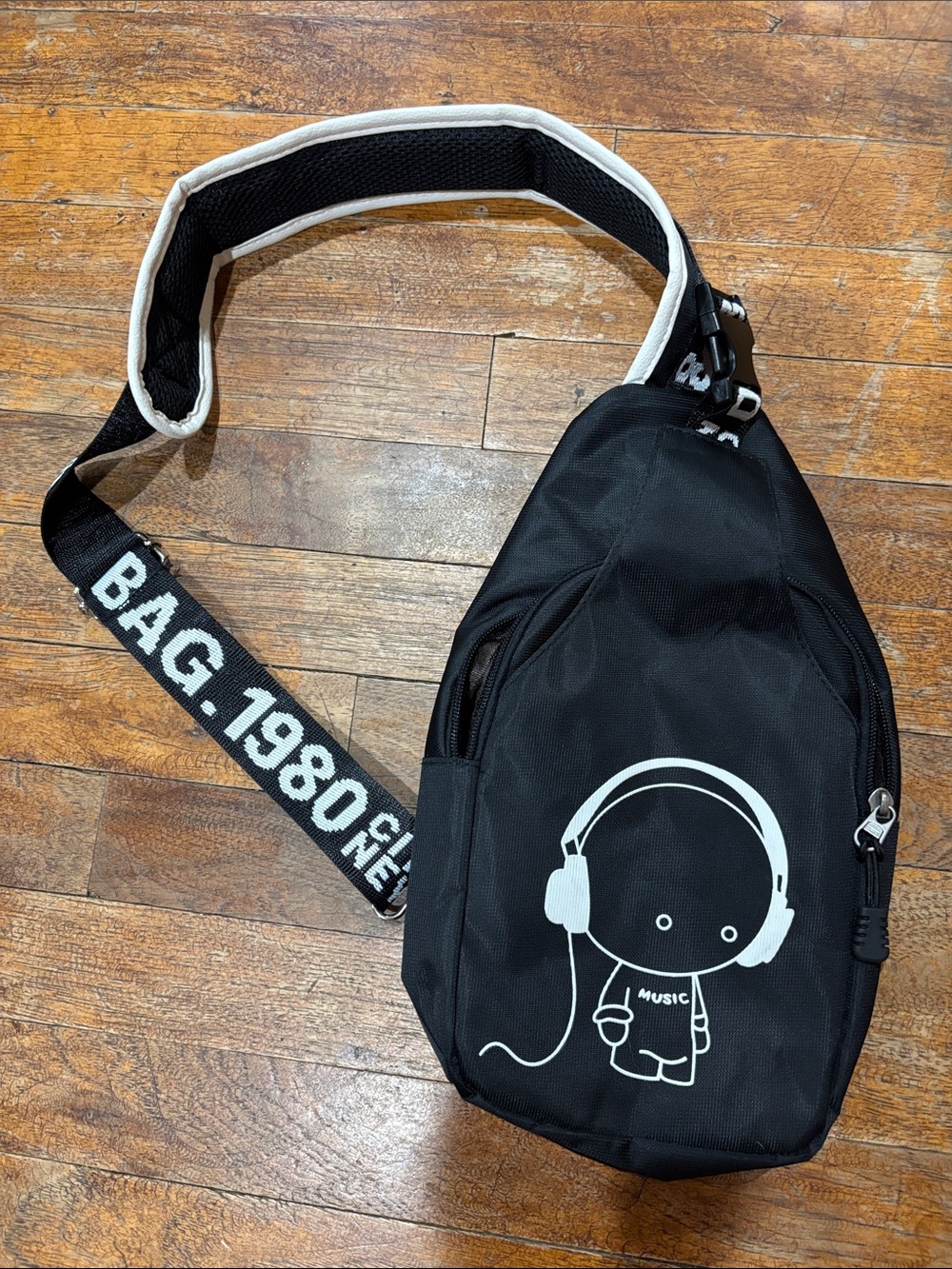 Kuchen & 1980s Black Men’s Sling Belt Bag with White Graphic and Branded Strap